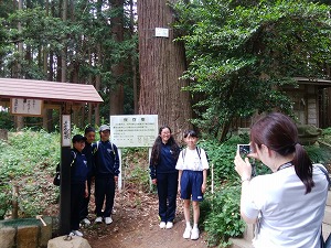 吉田神社の記念樹の前で写真撮影