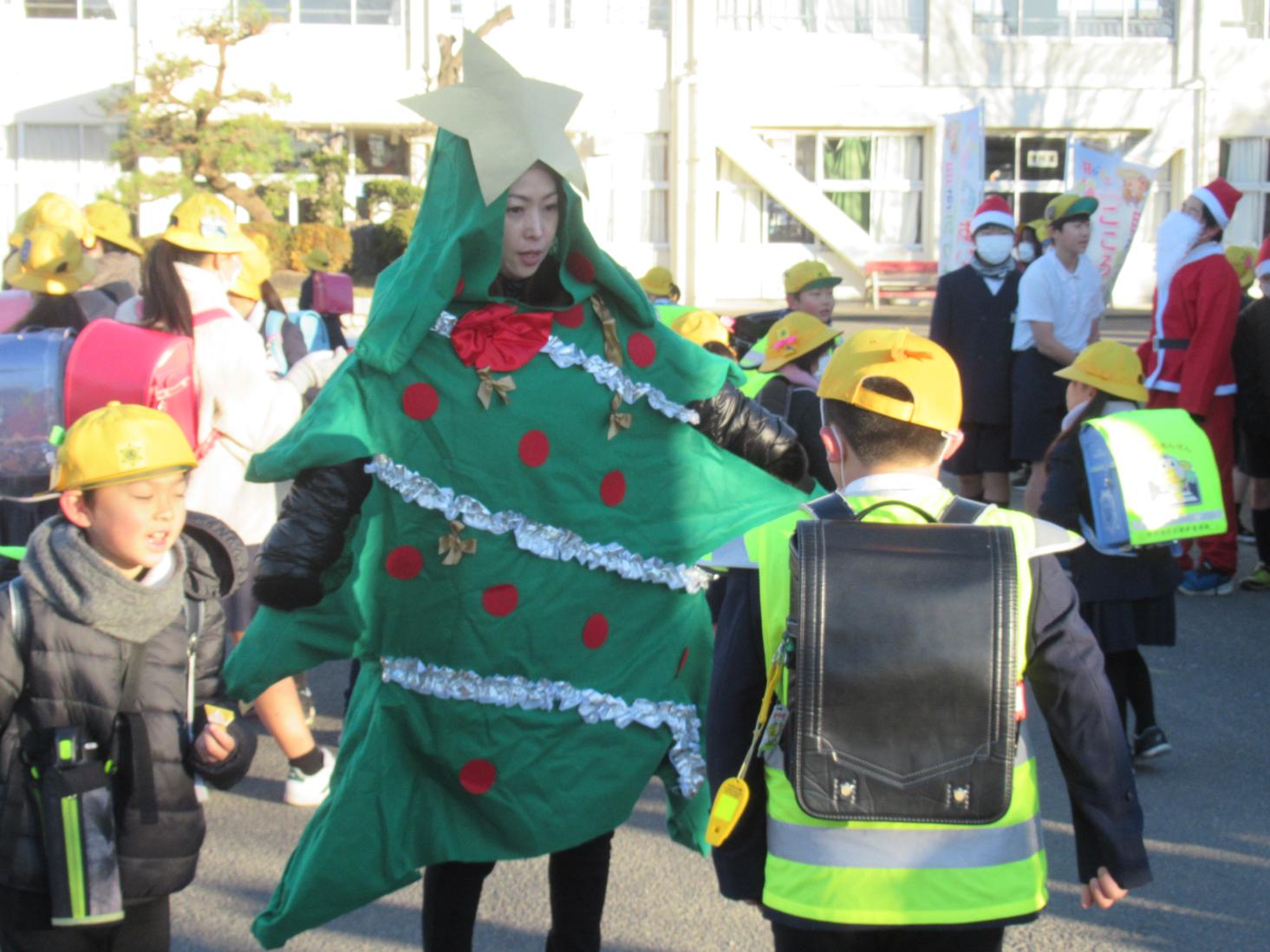 かわいらしいクリスマスツリーにも元気にあいさつ
